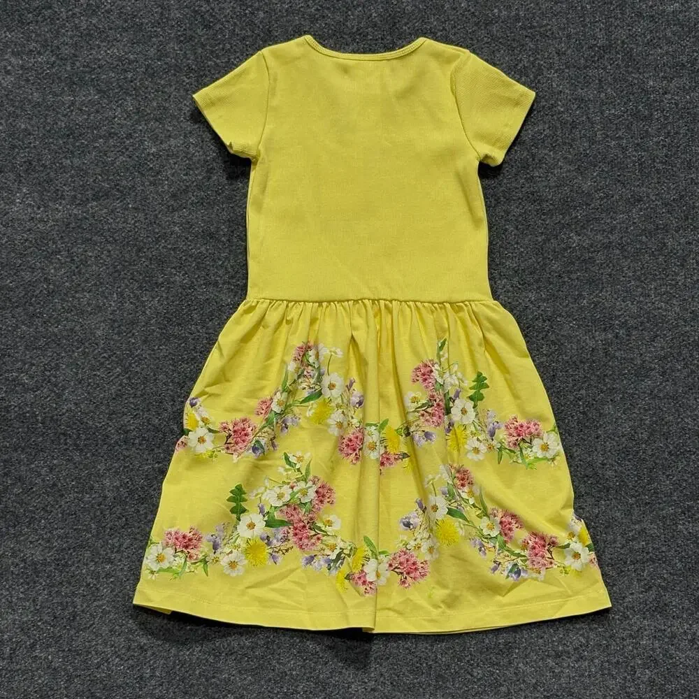 Molo Dress Girls 7-8 Yellow Floral Print Short Sleeve Organic Cotton Fit Flare